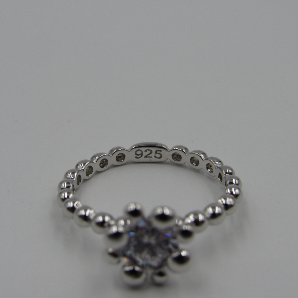 Sterling Silver Beaded Band Clear CZ Diamond Ring - Picture 4 of 5